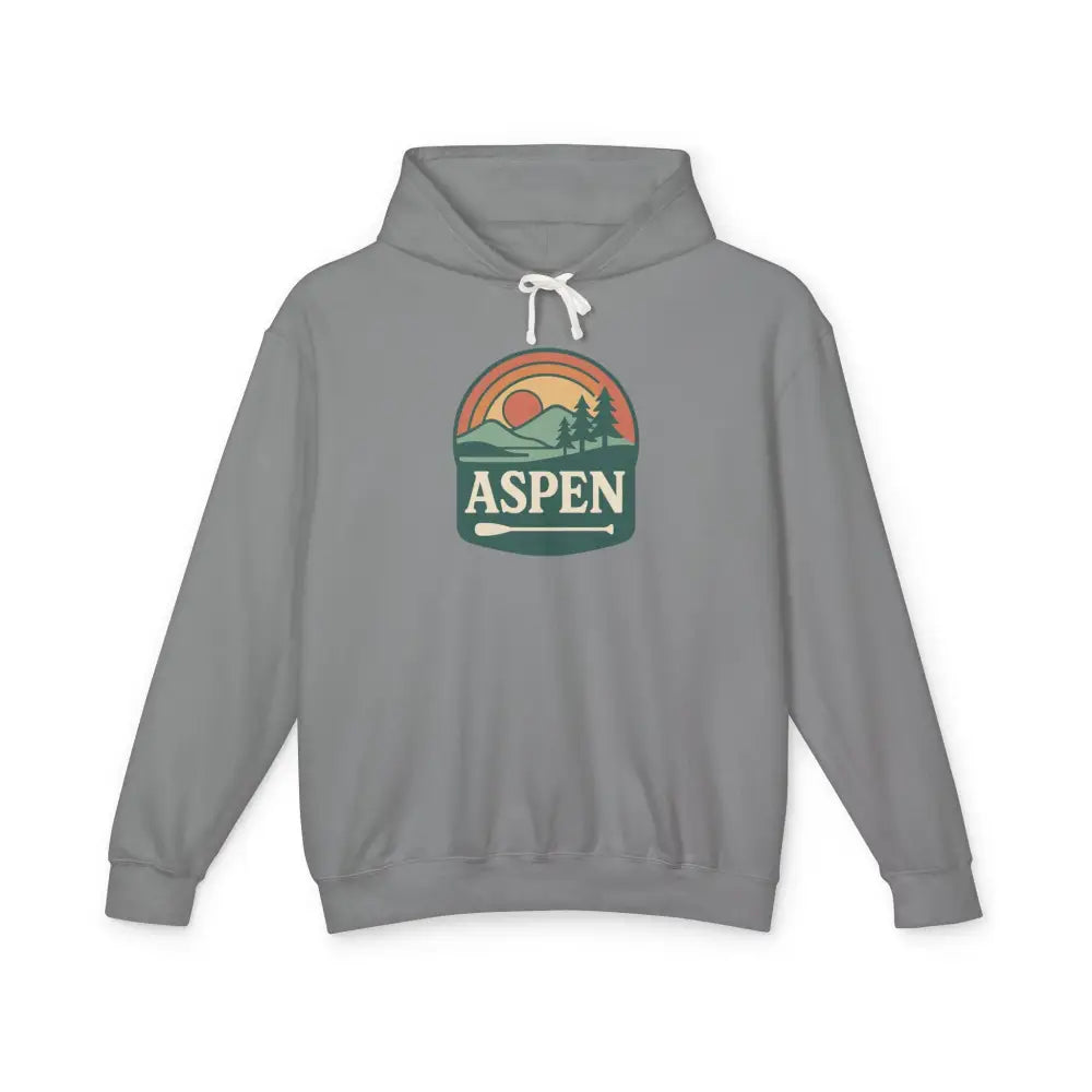 Gray Aspen Sunset Hoodie with colorful mountain sunset design, canoe paddle, and Trini Skies branding