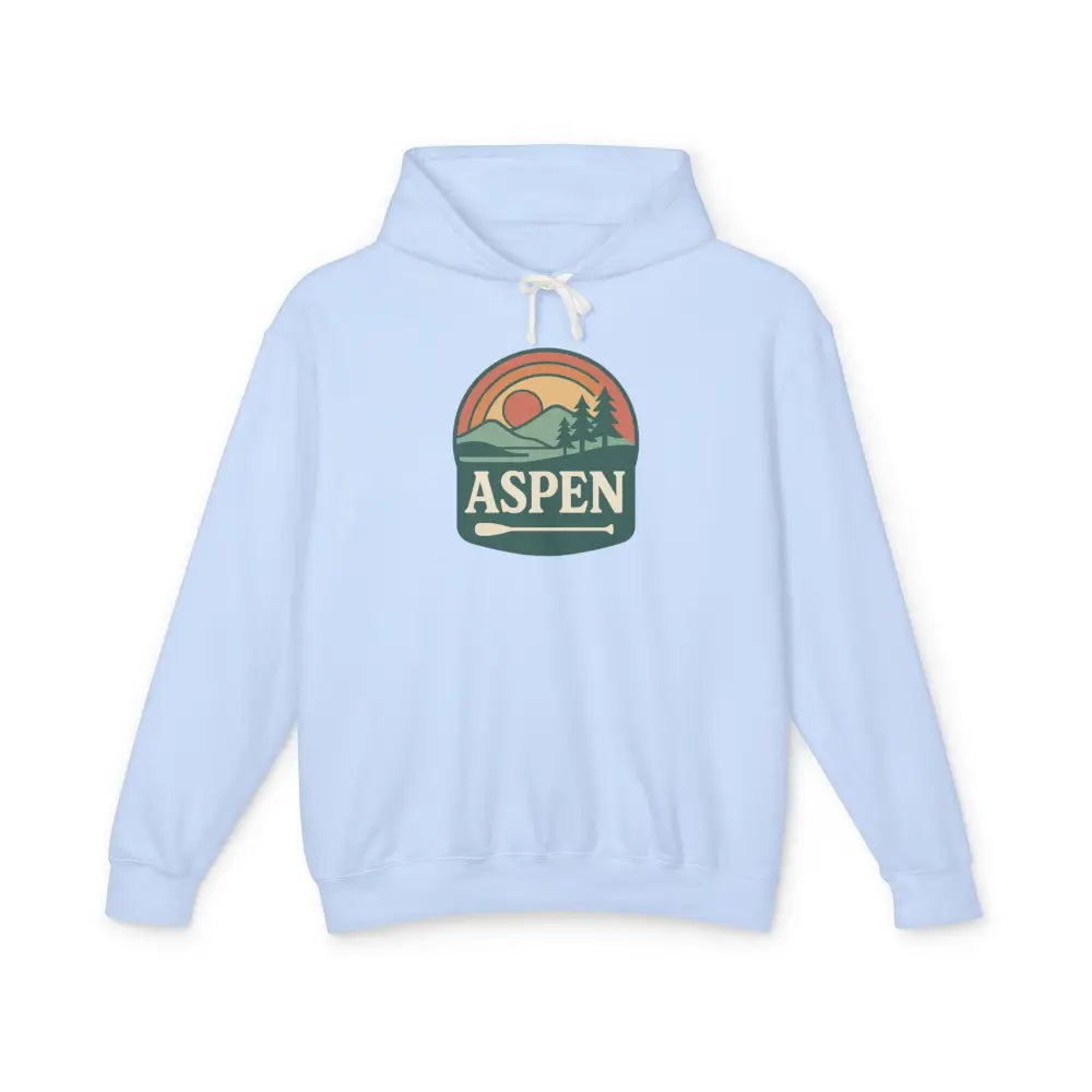 Light blue Aspen Sunset Hoodie with circular graphic