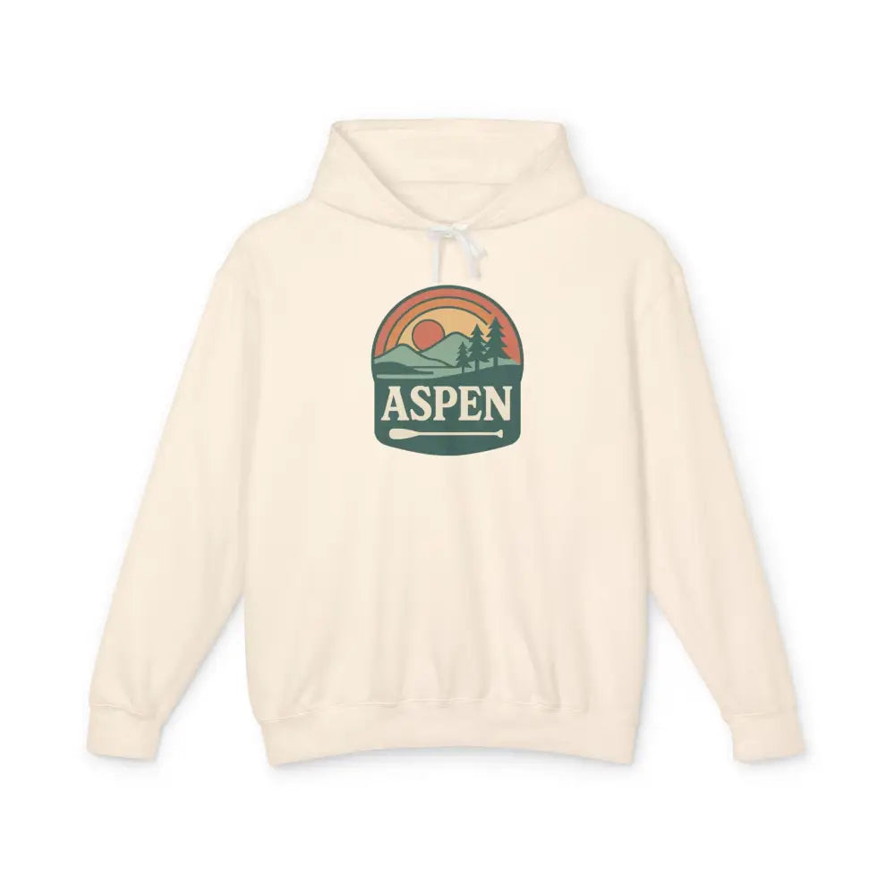 Cream-colored Aspen Sunset Hoodie with Aspen sunset graphic and Trini Skies embroidery