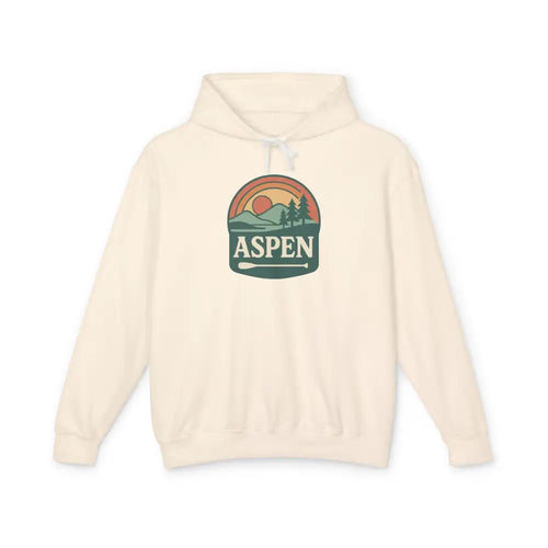 Cream-colored Aspen Sunset Hoodie with circular Aspen graphic
