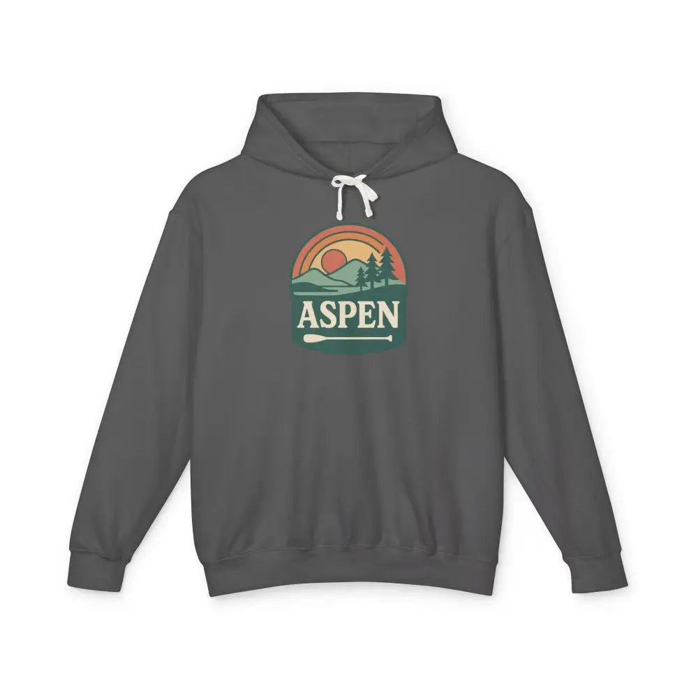 Dark gray Aspen Sunset Hoodie with colorful nature graphic, perfect for Trini Skies fans