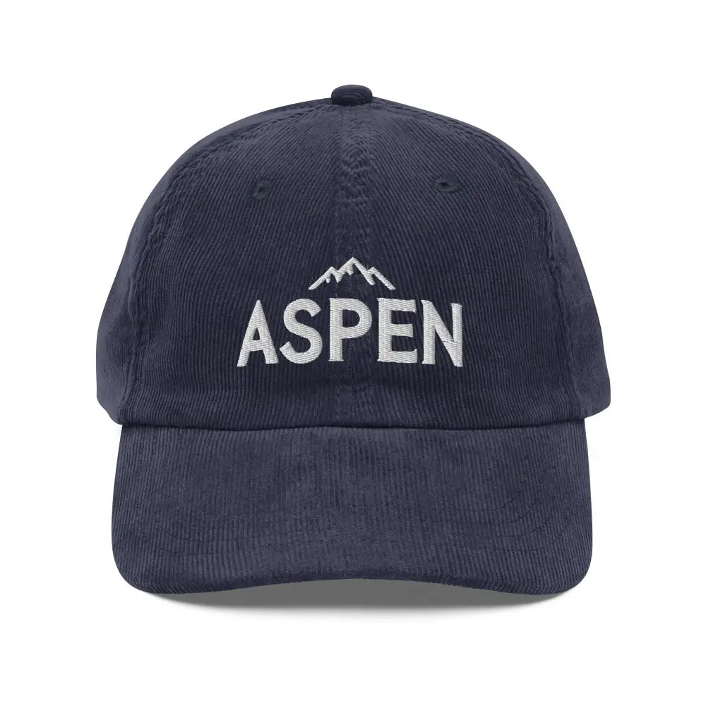 Dark blue embroidered corduroy cap with Aspen mountain design
