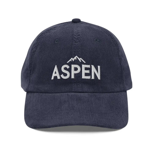 Dark blue embroidered corduroy cap with Aspen mountain design