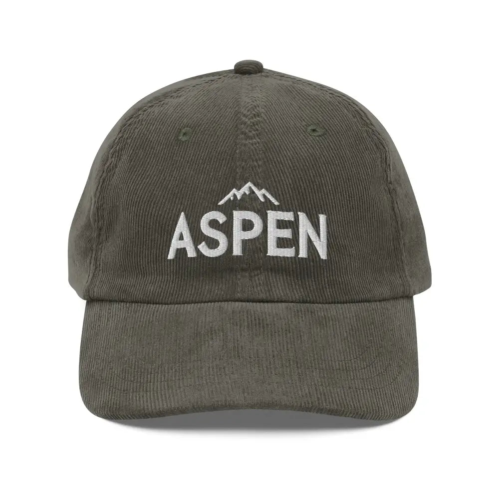 Olive green embroidered corduroy cap with Aspen mountain peaks