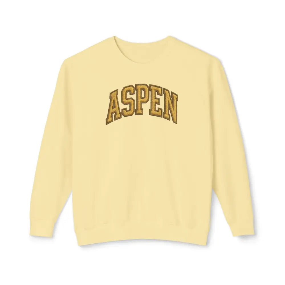 Vintage Aspen crewneck sweatshirt with arched Aspen lettering in timeless mountain-town style