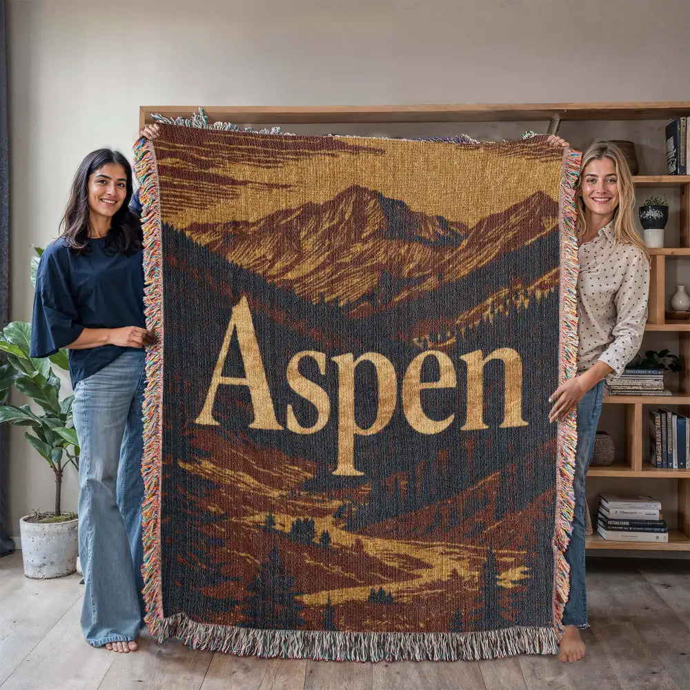 Aspen woven blanket with vintage travel-poster style mountain landscape