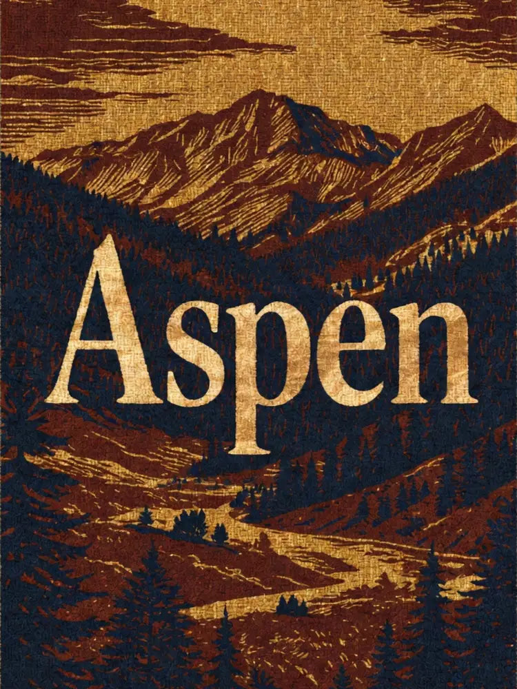 Aspen woven blanket in vintage travel-poster style mountain landscape