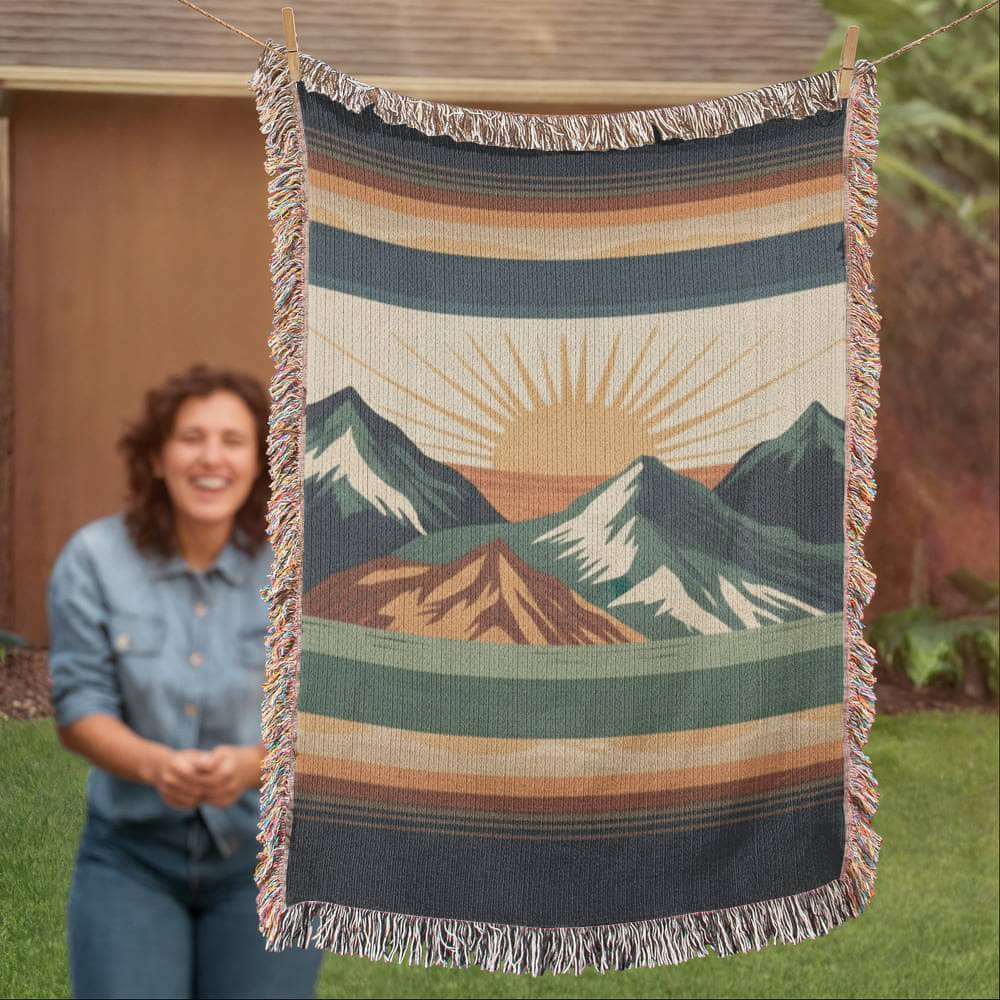 Alpine Sunrise Woven Blanket – Mountain Landscape Travel Collection Throw