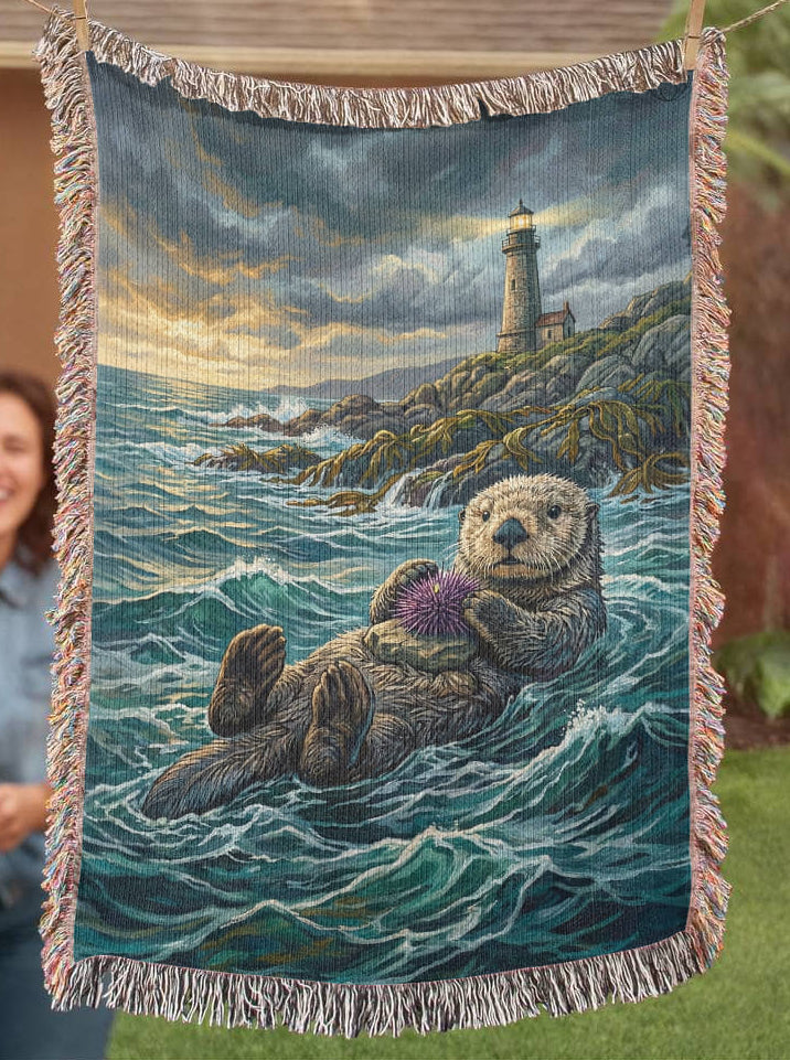 Floating Sea Otter & Lighthouse – Coastal Woven Cotton Blanket Wildlife and Nature Gifts