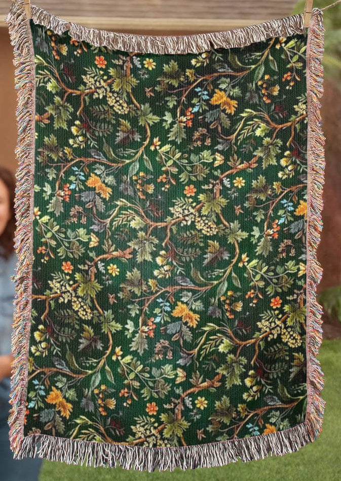 Forest Woodland Woven Throw Blanket – Botanical Cotton Tapestry with Fringe | Trini Skies