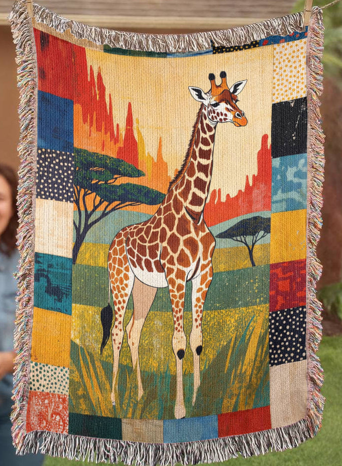 Giraffe Woven Blanket – Art Textile Throw with Patchwork Border, Nature-Inspired Home Decor Gifts
