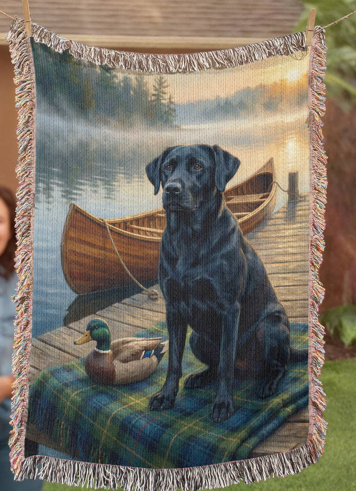 Black Lab by the Dock –  Labrador Retrievers Woven Cotton Heritage Blanket Pet Lovers Gift