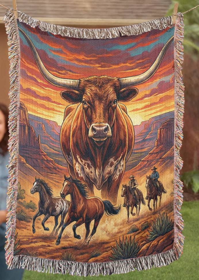 Majestic Longhorn Western Woven Blanket – Wild Horses & Cowboy Canyon Art Throw, Rustic Southwest Home Décor