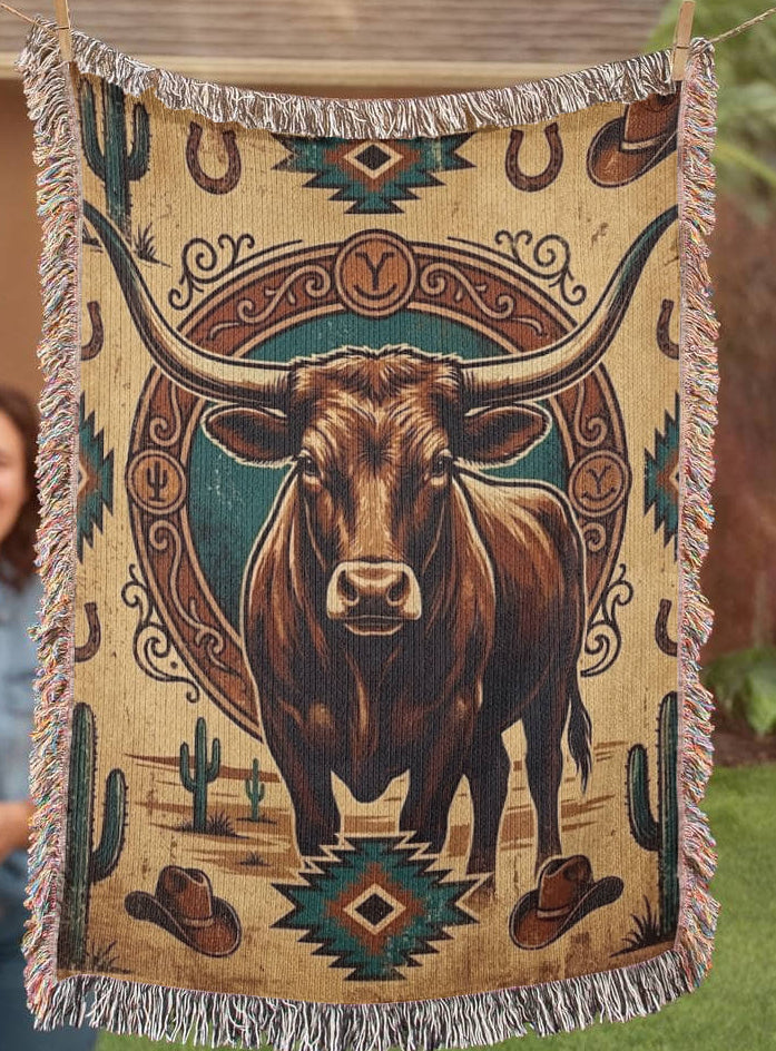 Longhorn Frontier Emblem – Woven Cotton Western Heritage Blanket Western Gifts
