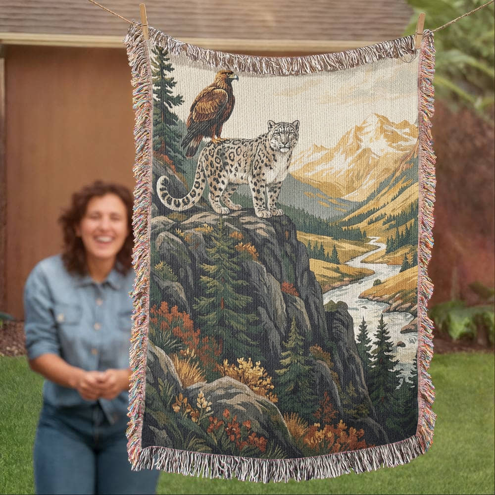 Snow Leopard & Golden Eagle Woven Cotton Blanket – Alpine Wildlife Throw Nature Lover Gifts