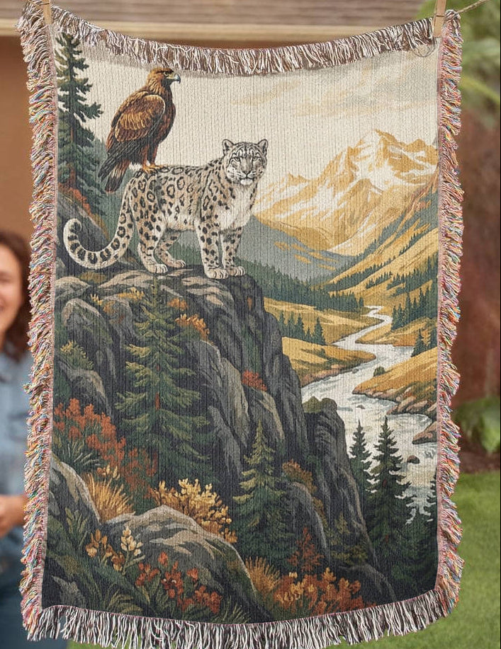 Snow Leopard & Golden Eagle Woven Cotton Blanket – Alpine Wildlife Throw Nature Lover Gifts