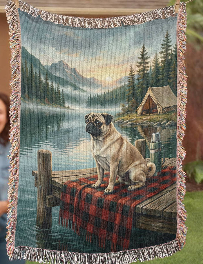 Cabin Lake Pug Woven Cotton Blanket – Vintage Campfire Dog Tapestry Throw Gift