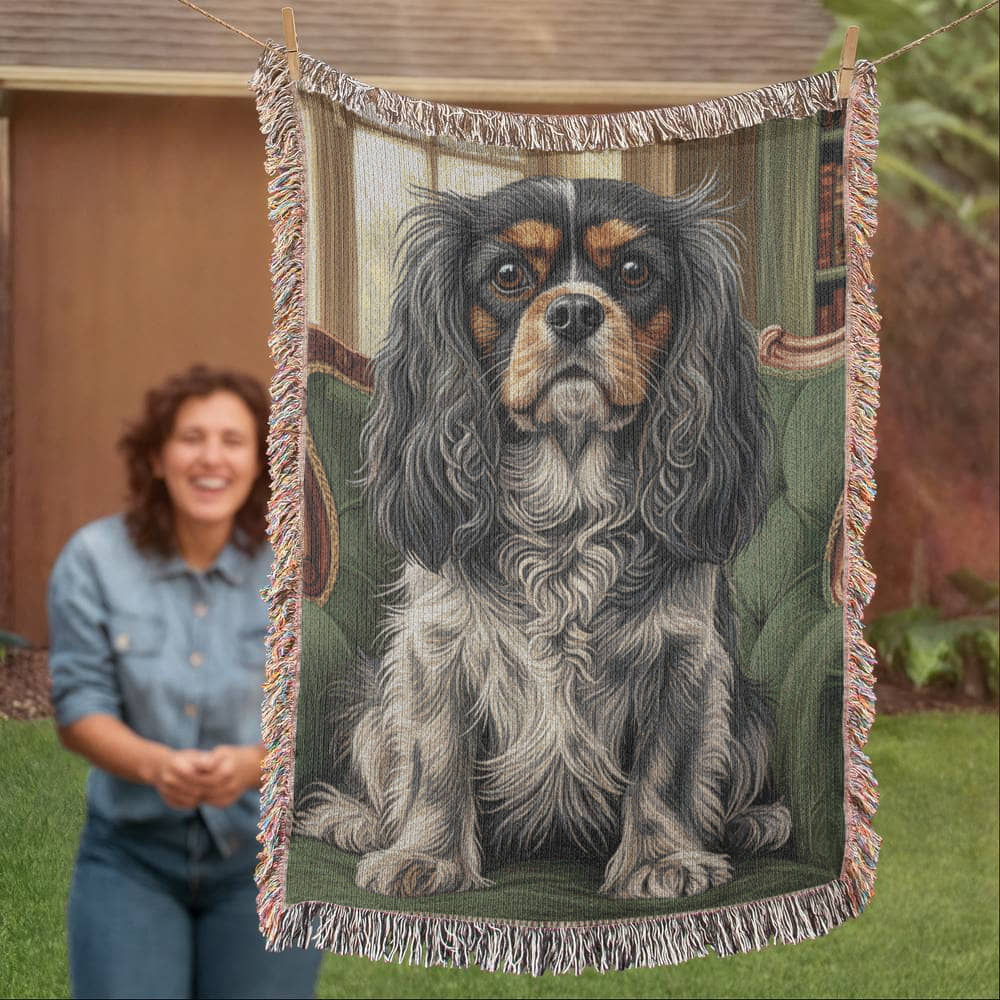 Cavalier in the Green Library Chair – Woven Cotton Heritage Blanket Pet Lovers Gift