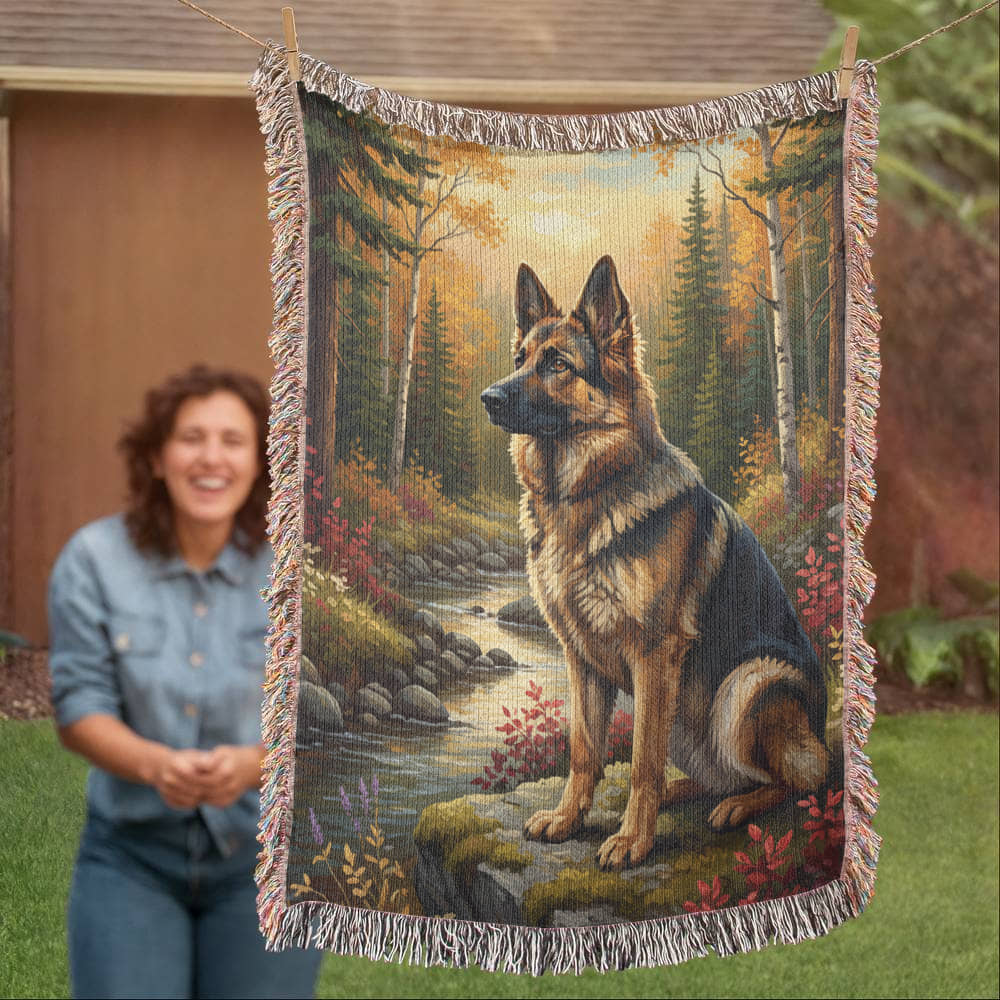 German Shepherd by the Creek – Woven Cotton Wilderness Blanket Pet Lover Gifts