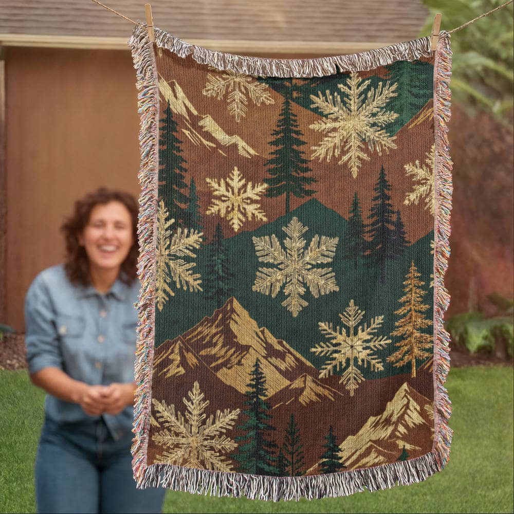 Alpine Snowfall Woven Blanket – Mountain Lodge Winter Design Travel Gifts