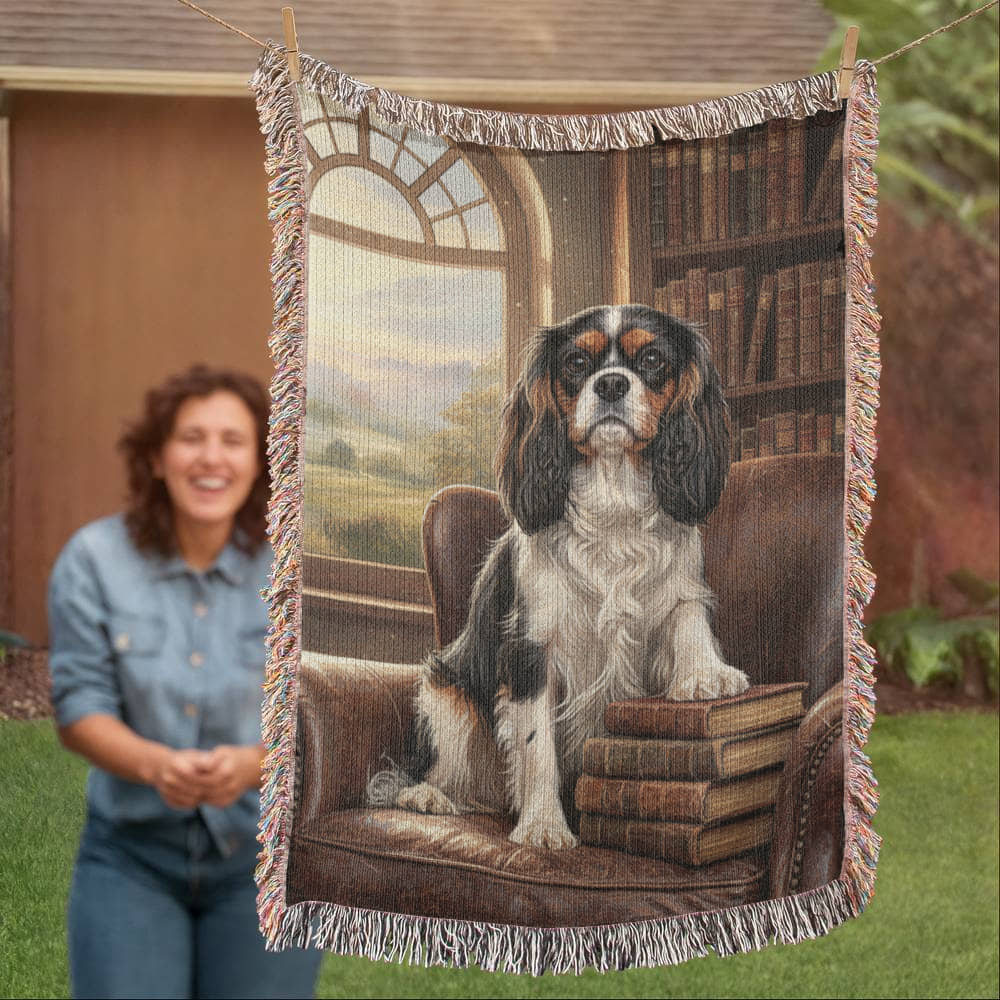 Cavalier in the Green Library Chair – Woven Cotton Heritage Blanket Pet Lovers Gift