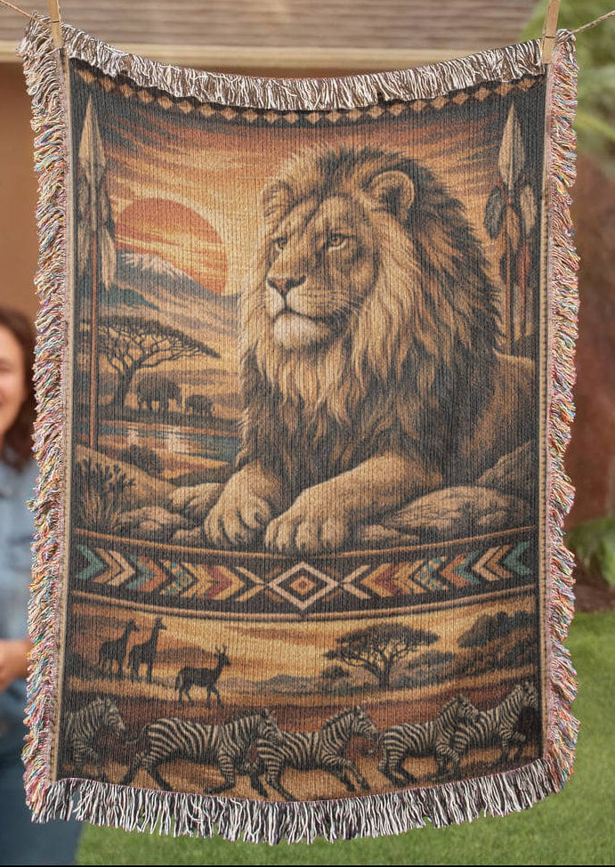 Heirloom Lion Woven Blanket – Lodge & Safari Inspired Textile Throw Nature Gifts