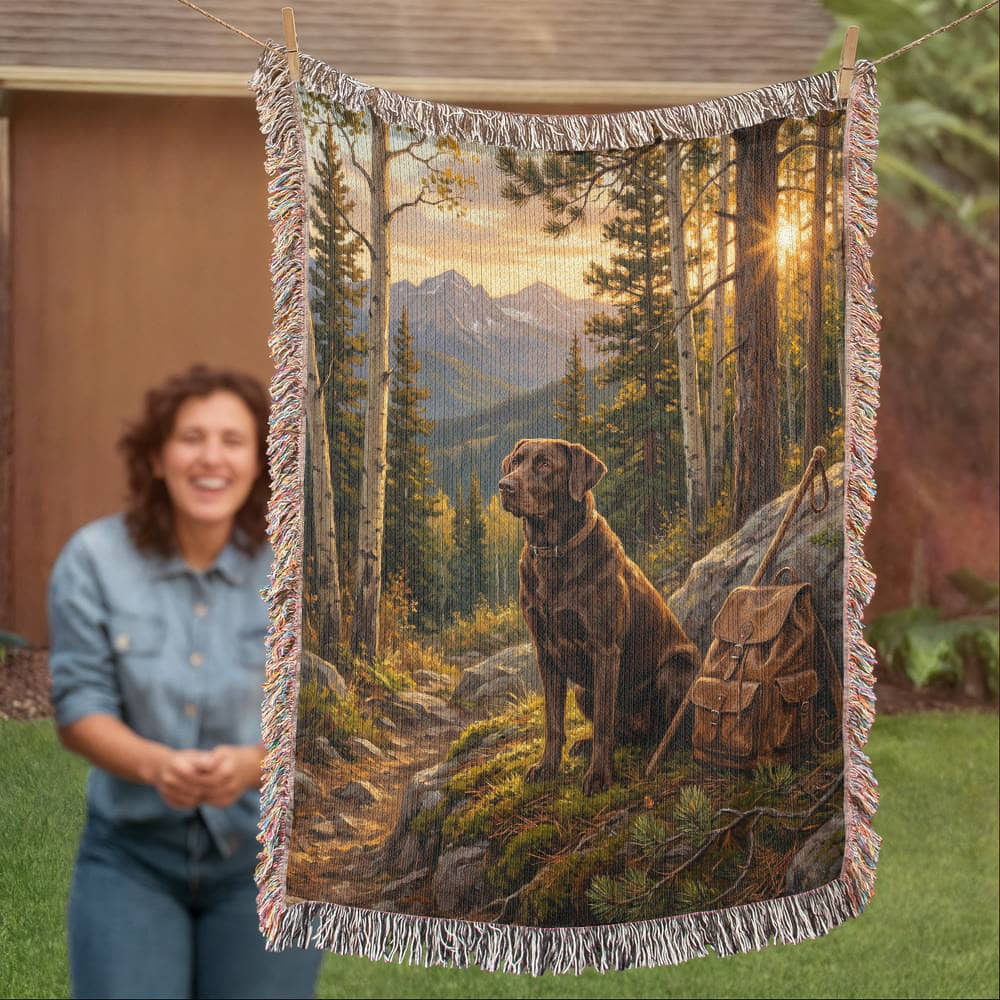 Chocolate Lab on Mountain Trail – Labrador Retriever Woven Cotton Adventure Blanket Pet Lovers Gift