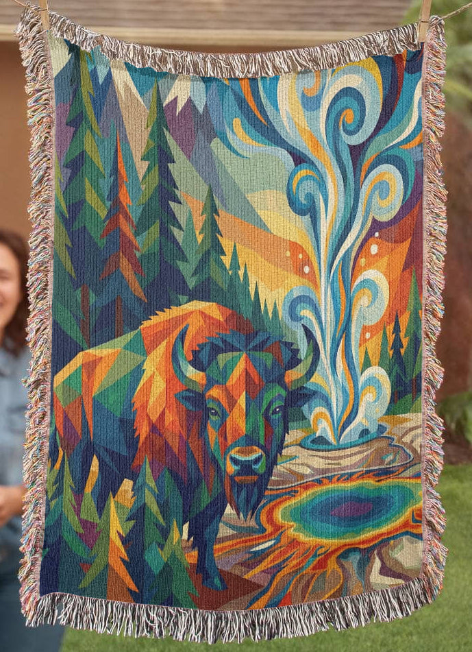 Yellowstone Bison – Geometric Woven Cotton Blanket Wildlife and Nature Gift