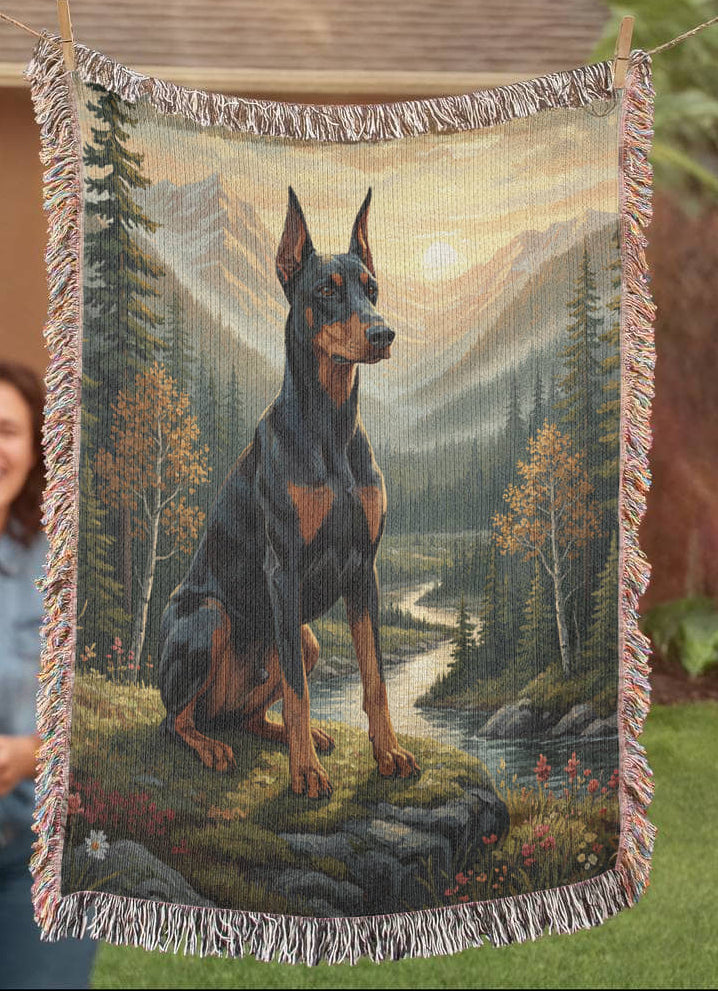 Doberman in the Mountain Valley – Woven Cotton Protector's Blanket Pet Lover Gifts