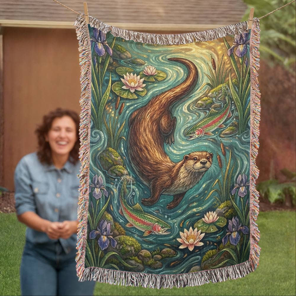 The Riverbank Guardian Woven Throw | Art Nouveau Otter & Trout Tapestry Blanket