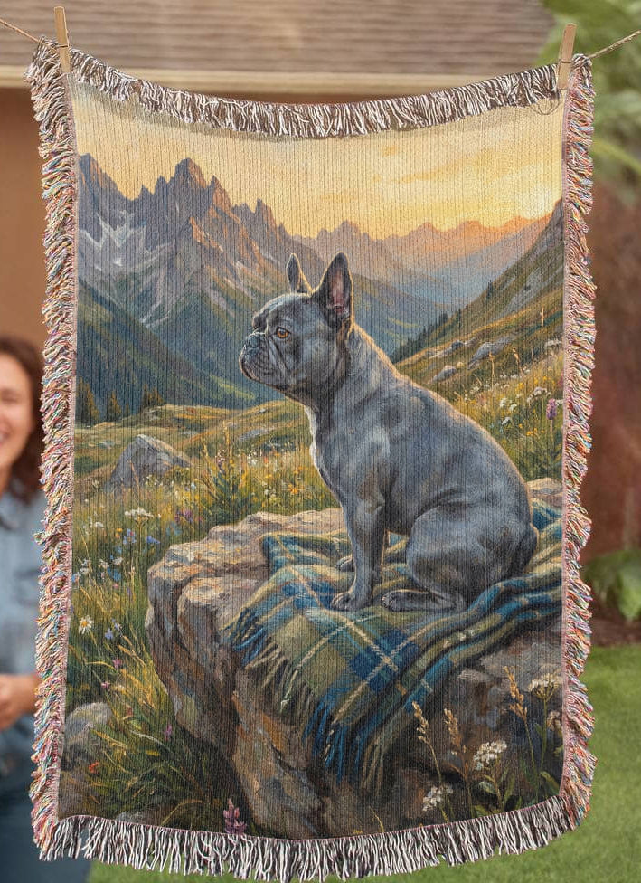 French Bulldog at Alpine Sunrise – Woven Cotton Mountain Blanket Pet Lover Gift