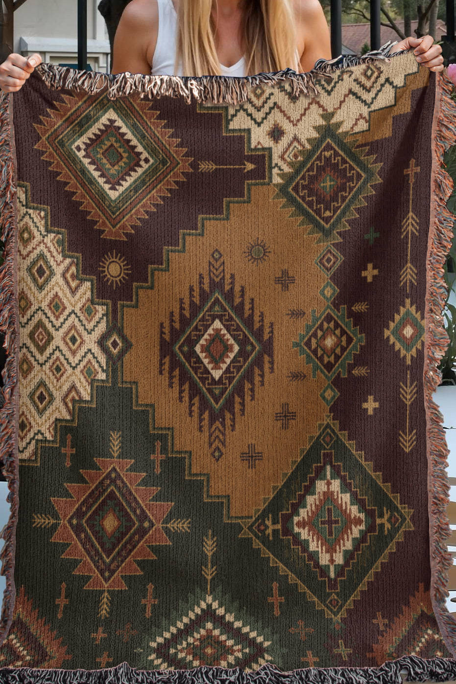 Canyon Patchwork woven blanket hanging on a lodge porch — rustic southwestern throw in warm evening light
