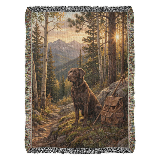 Chocolate Lab on Mountain Trail – Labrador Retriever Woven Cotton Adventure Blanket Pet Lovers Gift