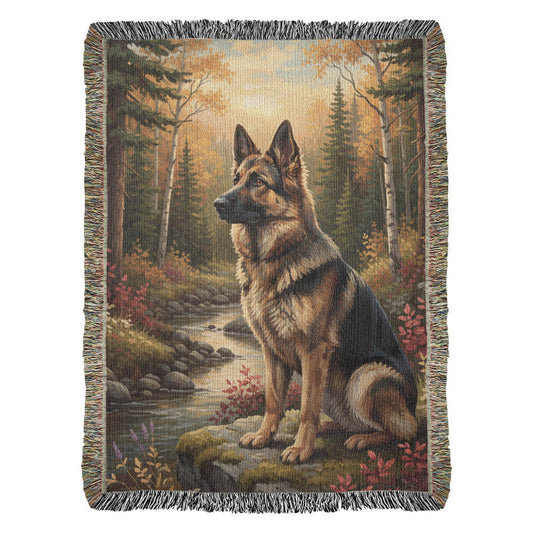 German Shepherd by the Creek – Woven Cotton Wilderness Blanket Pet Lover Gifts