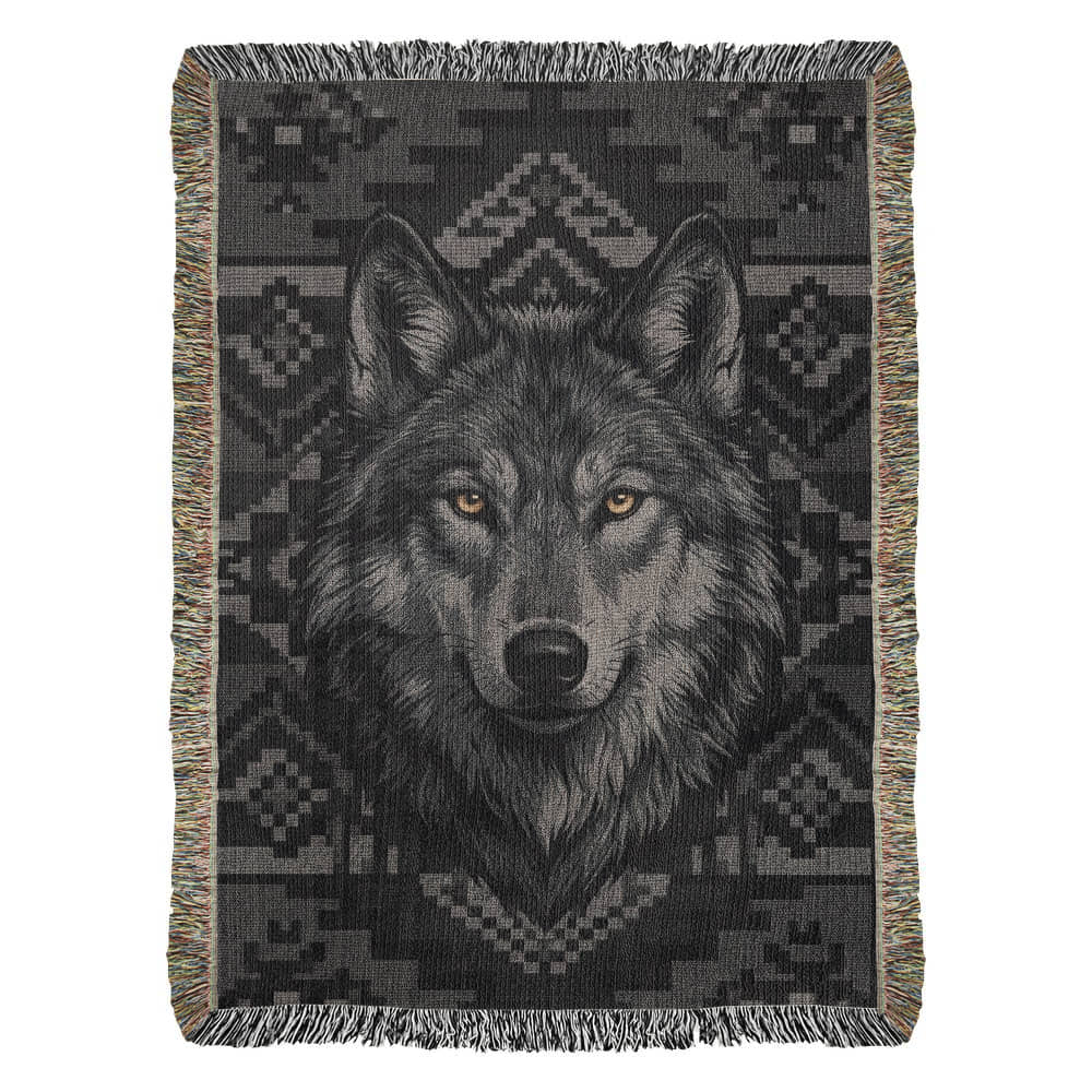 Black Wolf – Woven Cotton Blanket -Monochrome Lodge Edition Wildlife and Nature Gifts
