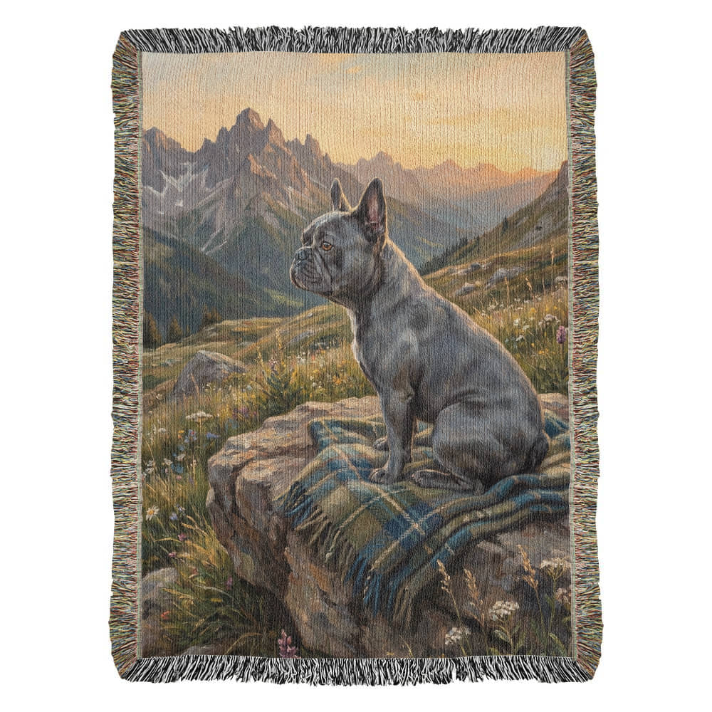 French Bulldog at Alpine Sunrise – Woven Cotton Mountain Blanket Pet Lover Gift