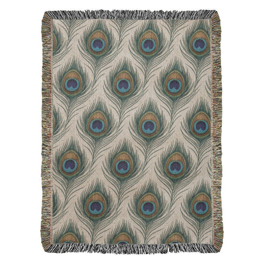 Boho Peacock Feather Woven Blanket – Elegant Vintage Textile Art Throw, Chic Botanical Home Décor