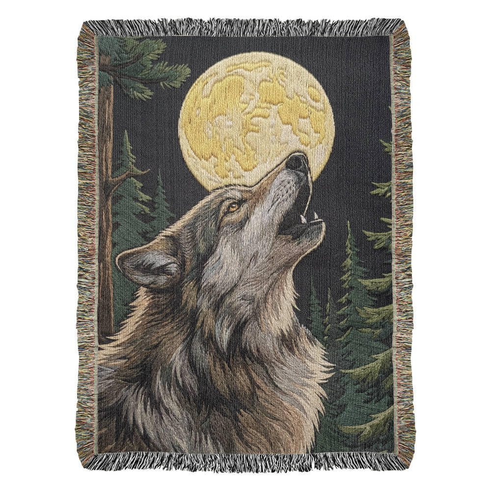 Howling Wolf Under Full Moon – Woven Cotton Blanket Wildlife and Nature Gifts
