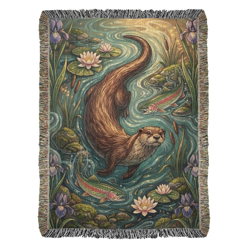 The Riverbank Guardian Woven Throw | Art Nouveau Otter & Trout Tapestry Blanket
