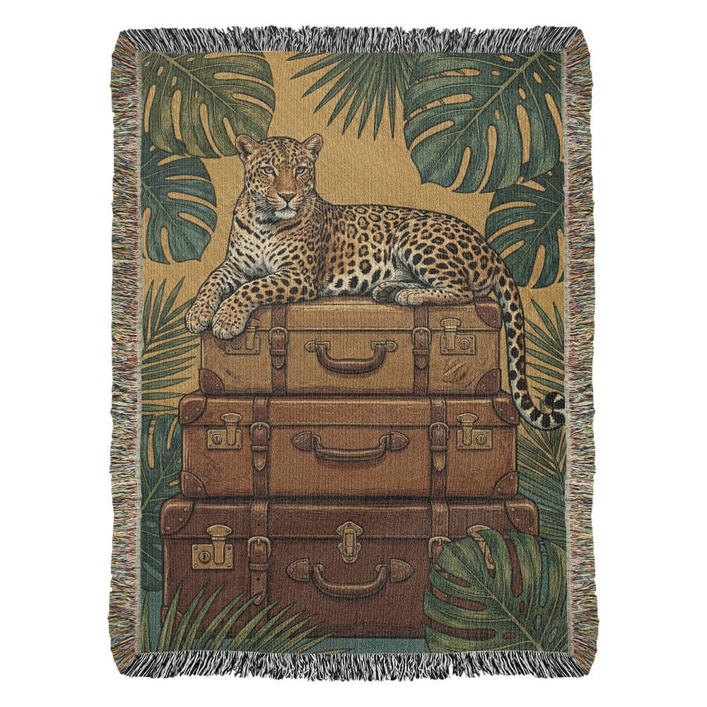The Safari Stopover – Woven Tapestry Throw & Wall Art | Majestic Jaguar on Vintage Leather Trunks | Luxury Maximalist Jungle Decor