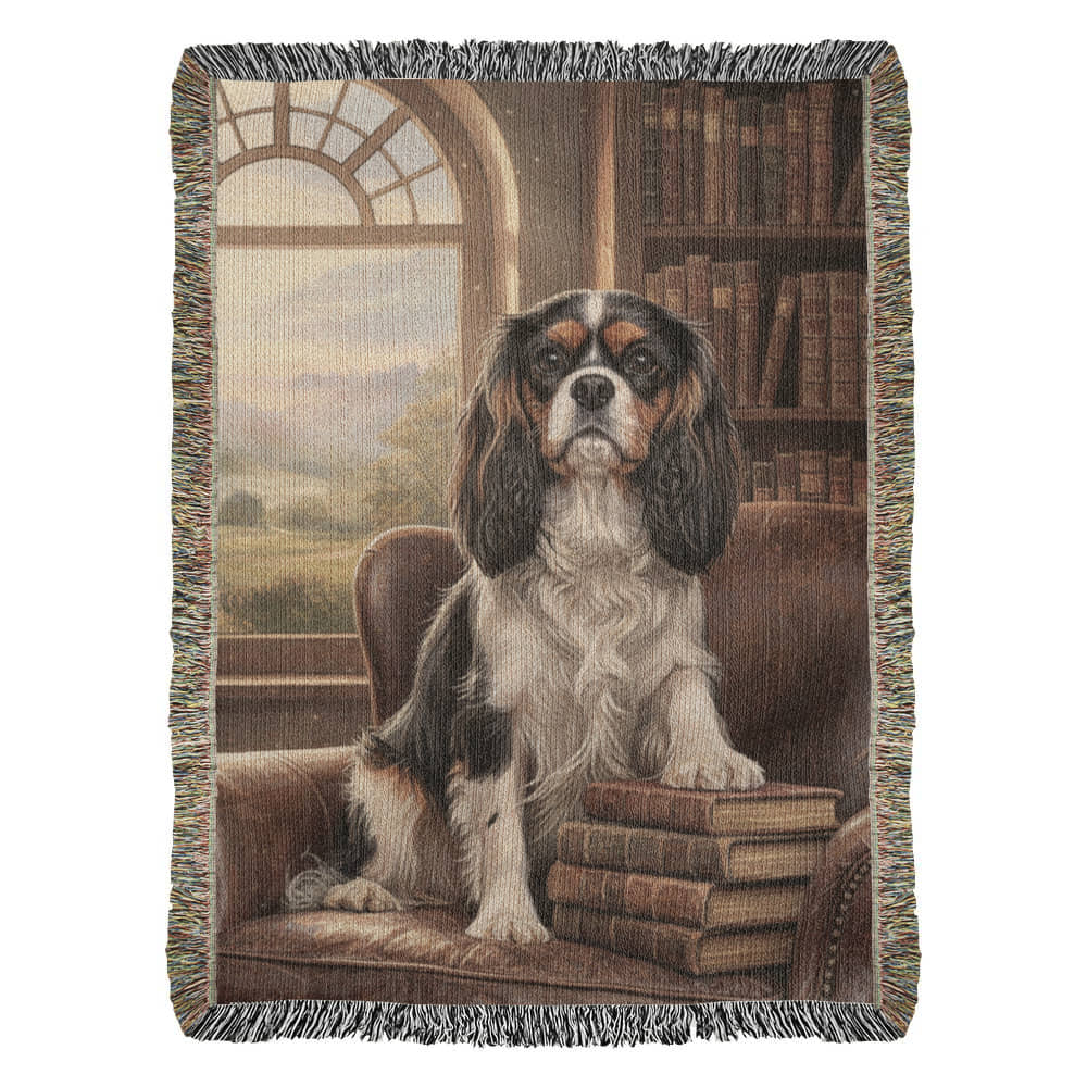 Cavalier in the Green Library Chair – Woven Cotton Heritage Blanket Pet Lovers Gift
