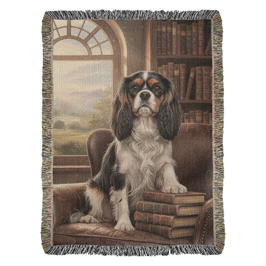 Cavalier in the Green Library Chair – Woven Cotton Heritage Blanket Pet Lovers Gift