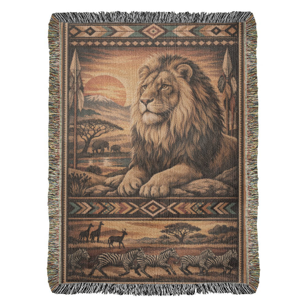 Heirloom Lion Woven Blanket – Lodge & Safari Inspired Textile Throw Nature Gifts