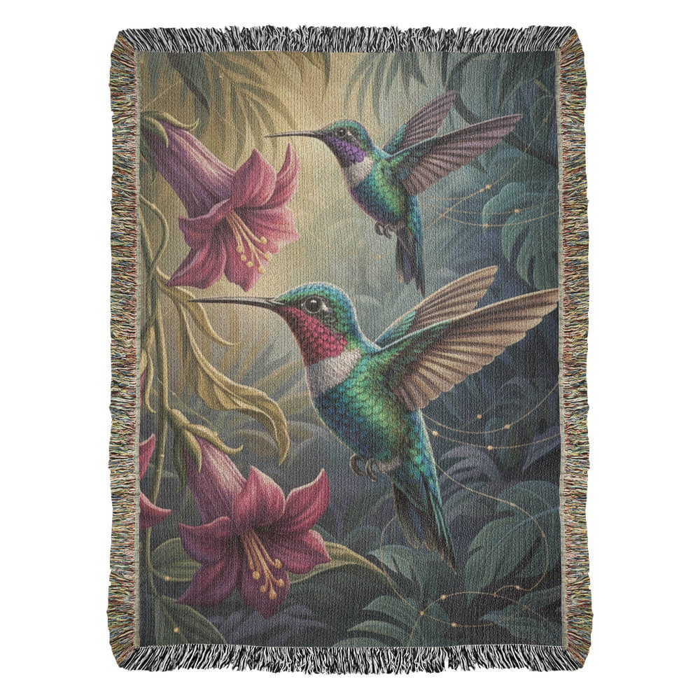 Hummingbirds in Orchid Canopy – Woven Cotton Botanical Art Blanket Bird Lover Gifts