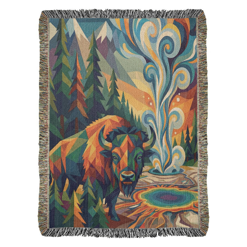 Yellowstone Bison – Geometric Woven Cotton Blanket Wildlife and Nature Gift