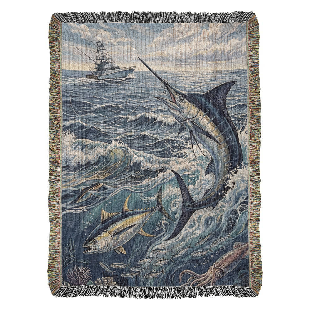 Marlin & Tuna Woven Cotton Blanket – Ocean Wildlife Throw Fishing Gift
