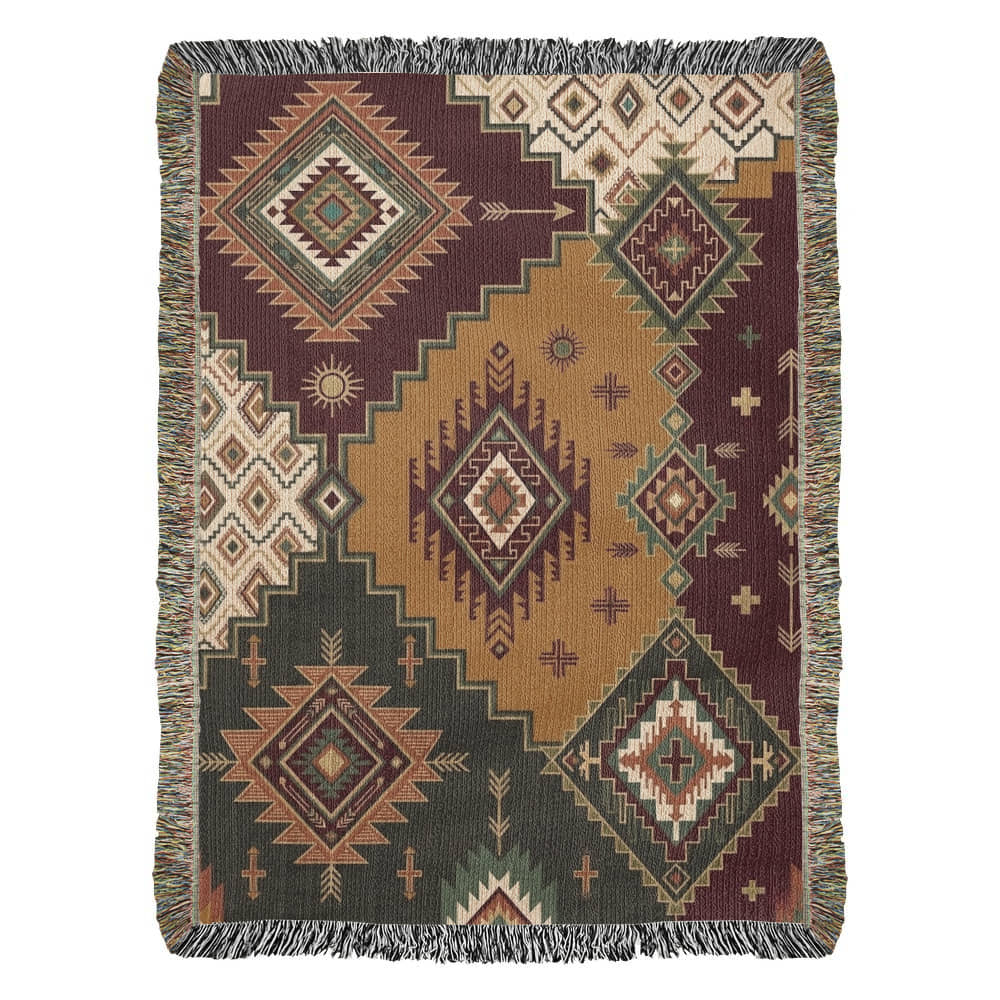 The Canyon Patchwork Woven Throw | Southwestern Kilim Geometric Blanket | Mustard, Rust & Olive | Boho Home Decor