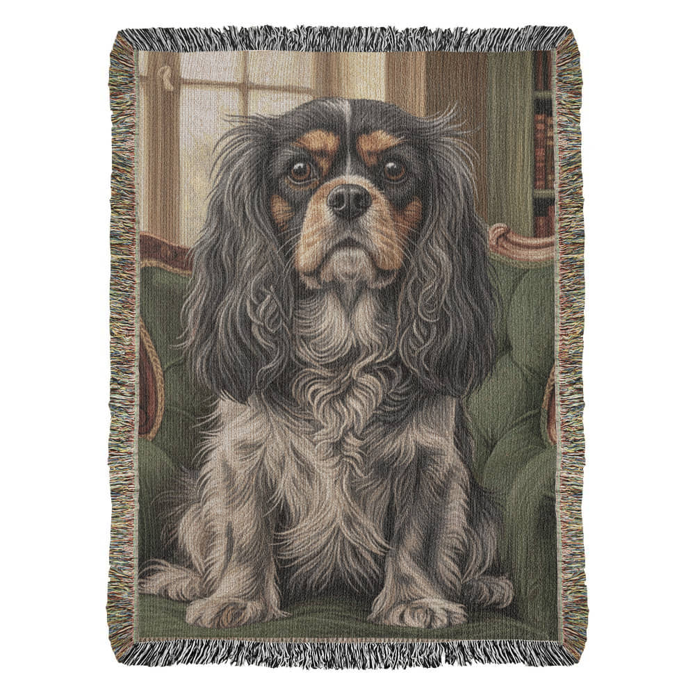 Cavalier in the Green Library Chair – Woven Cotton Heritage Blanket Pet Lovers Gift