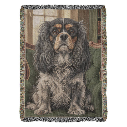 Cavalier in the Green Library Chair – Woven Cotton Heritage Blanket Pet Lovers Gift