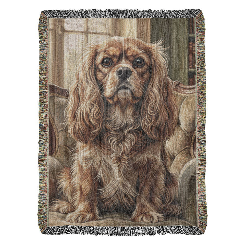 Cavalier in the Old Library – Woven Cotton Heritage Blanket Pet Lover Gifts